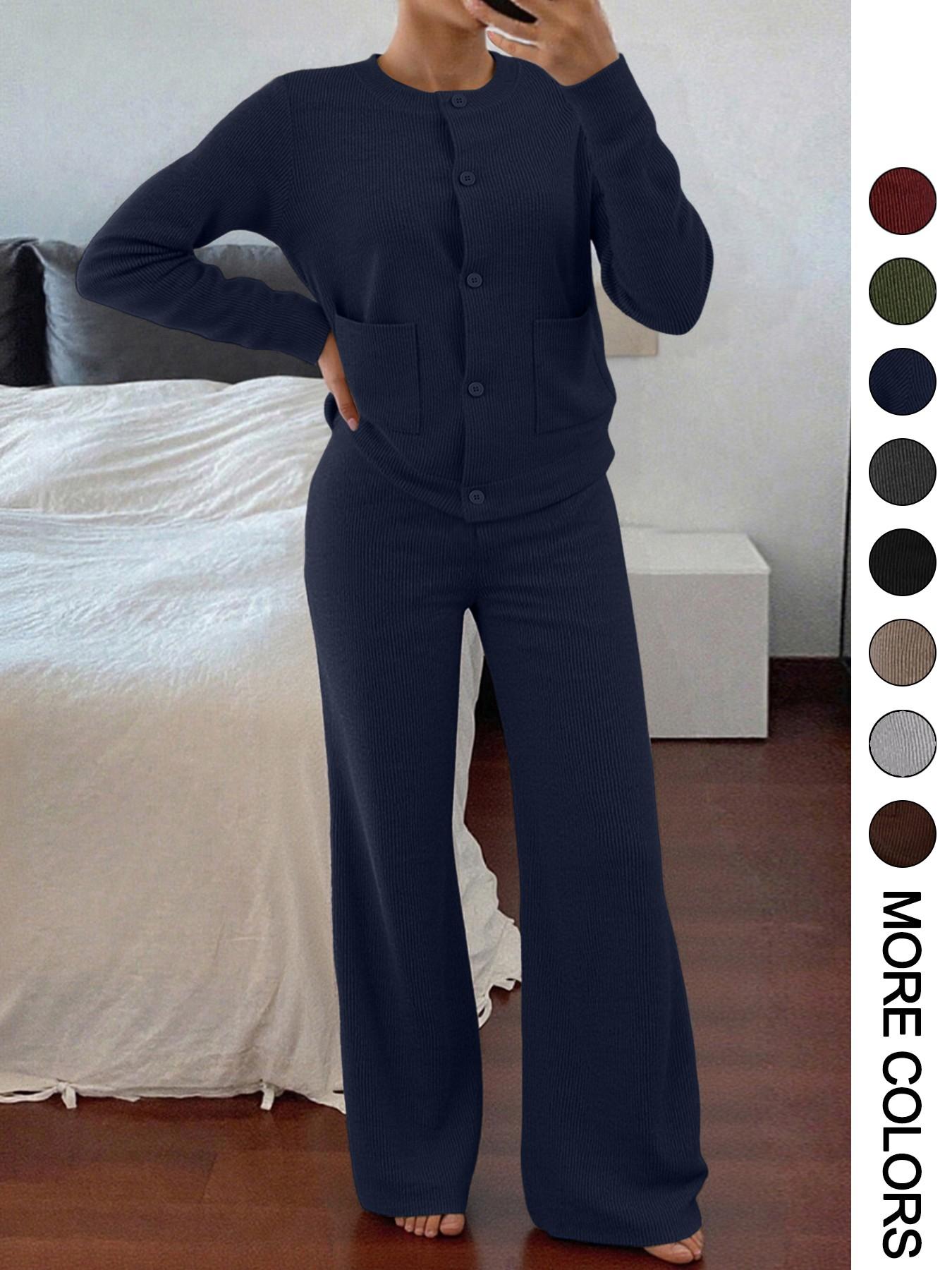 Women's Comfortable Round Neck Knit Sweater & High-Waist Wide-Leg Pants Set for Everyday Wear