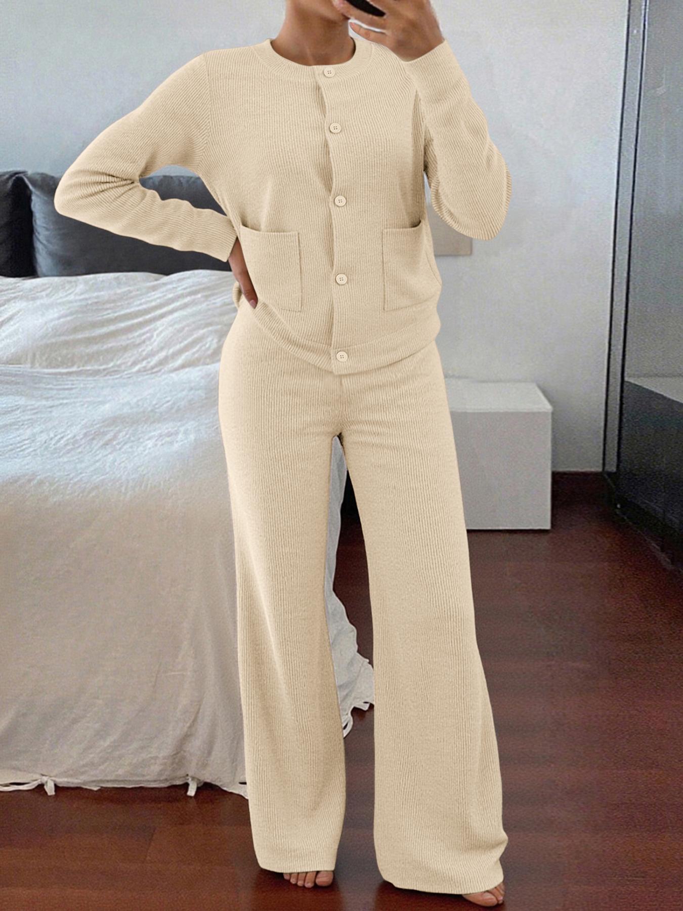 Women's Comfortable Round Neck Knit Sweater & High-Waist Wide-Leg Pants Set for Everyday Wear