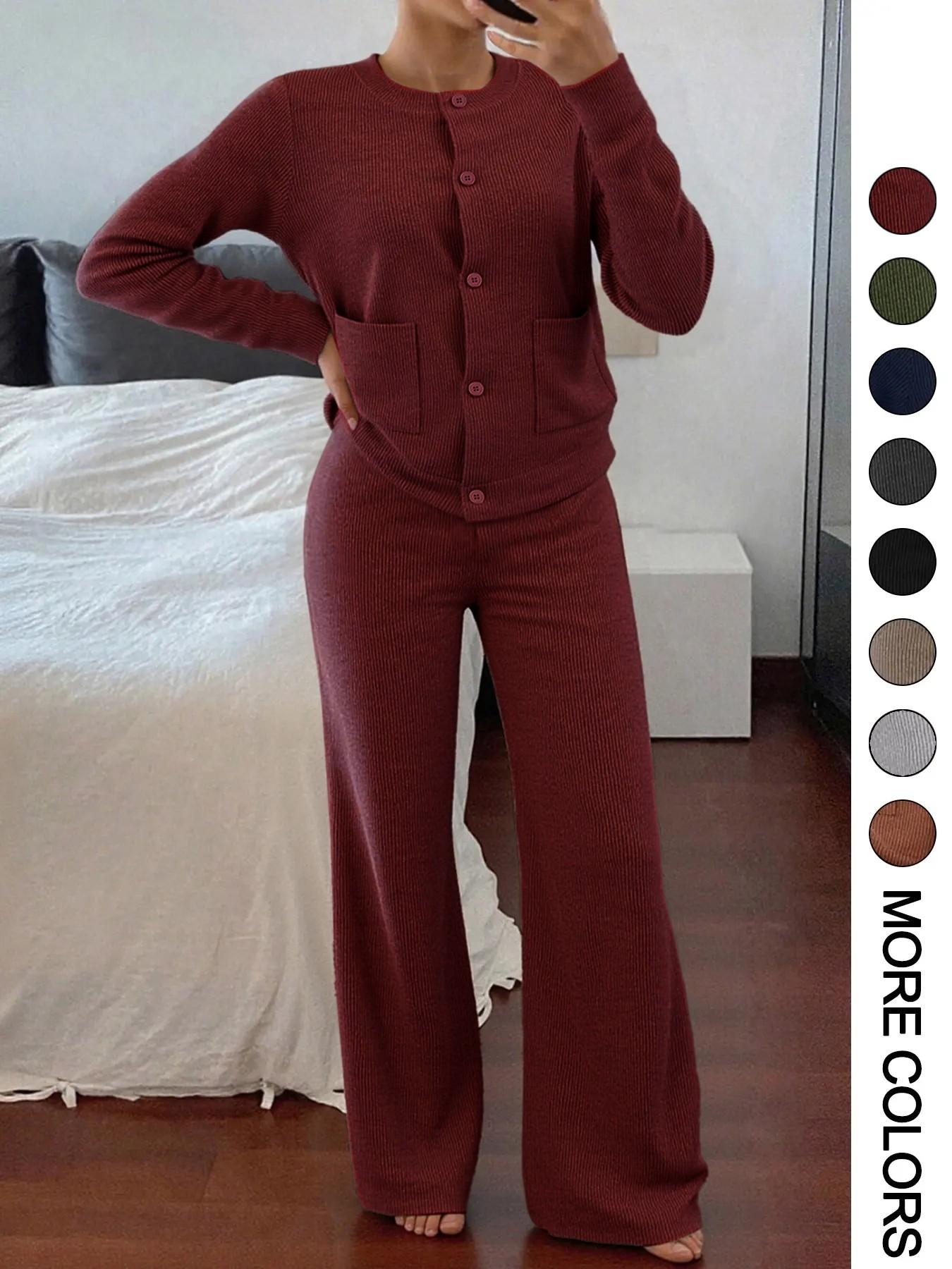 Women's Comfortable Round Neck Knit Sweater & High-Waist Wide-Leg Pants Set for Everyday Wear