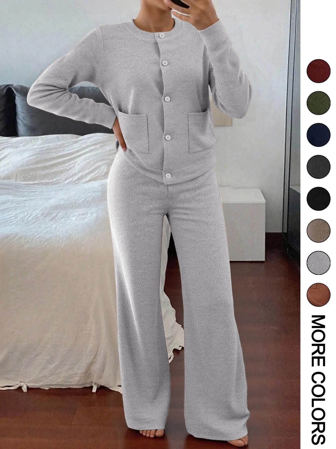 Women's Comfortable Round Neck Knit Sweater & High-Waist Wide-Leg Pants Set for Everyday Wear