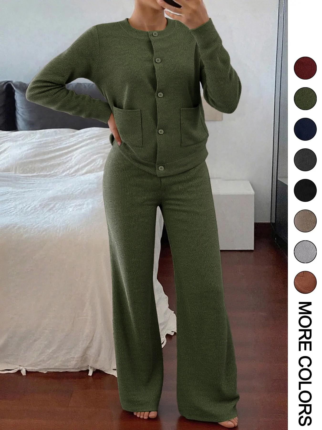 Women's Comfortable Round Neck Knit Sweater & High-Waist Wide-Leg Pants Set for Everyday Wear