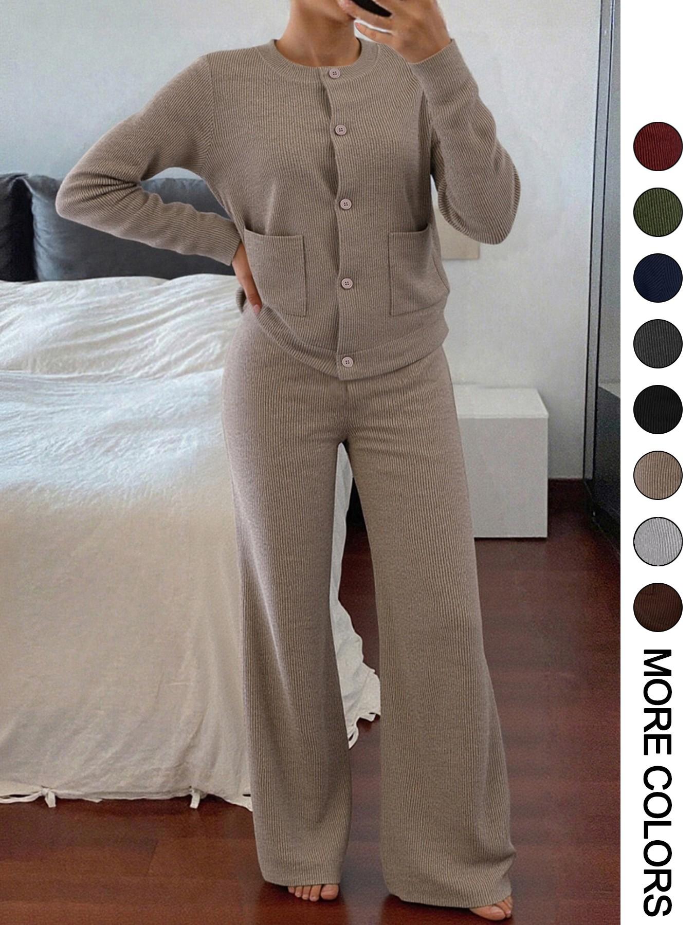 Women's Comfortable Round Neck Knit Sweater & High-Waist Wide-Leg Pants Set for Everyday Wear