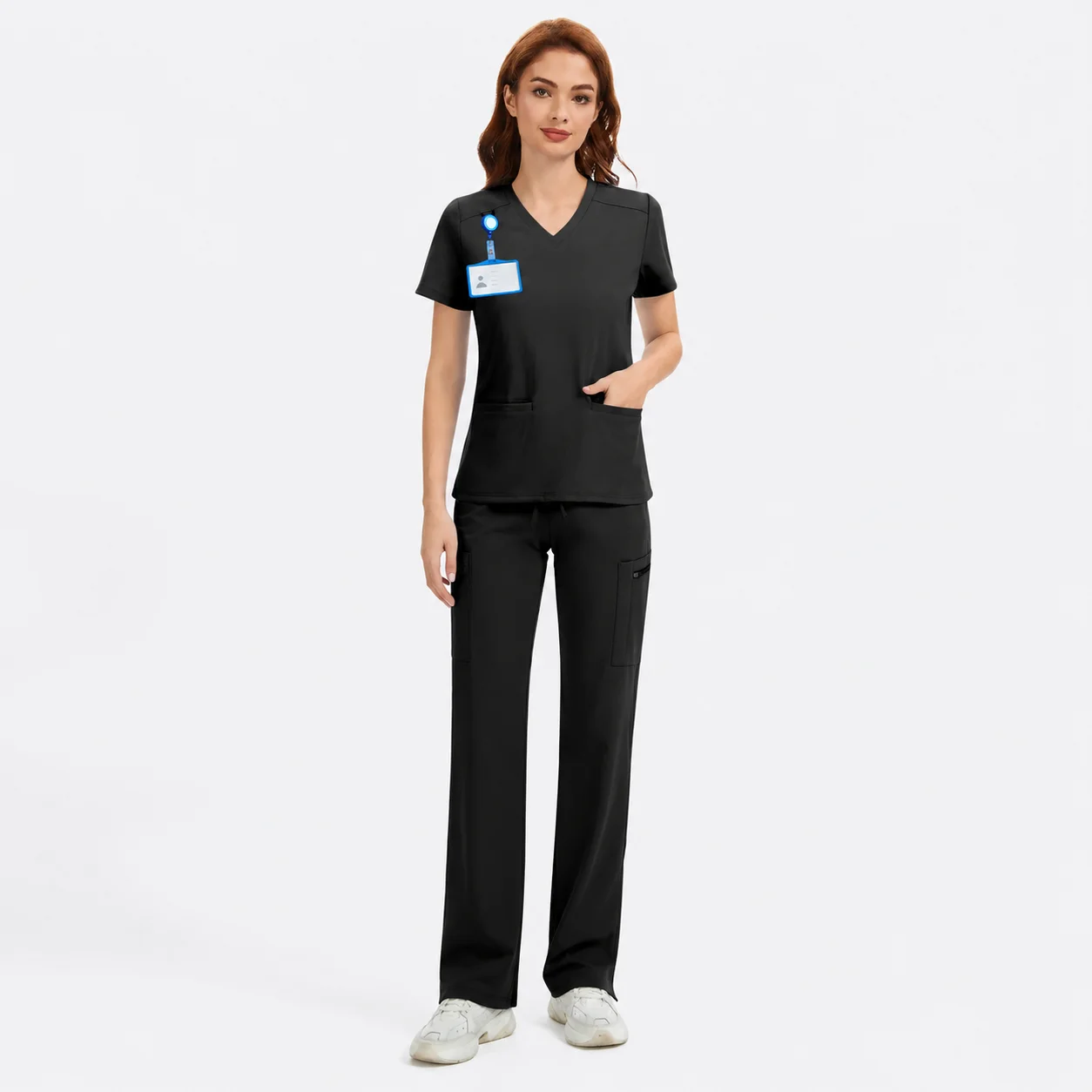 Women's 4-Way Stretch V-Neck Scrub Top & High-Rise Yoga Scrub Pants Set