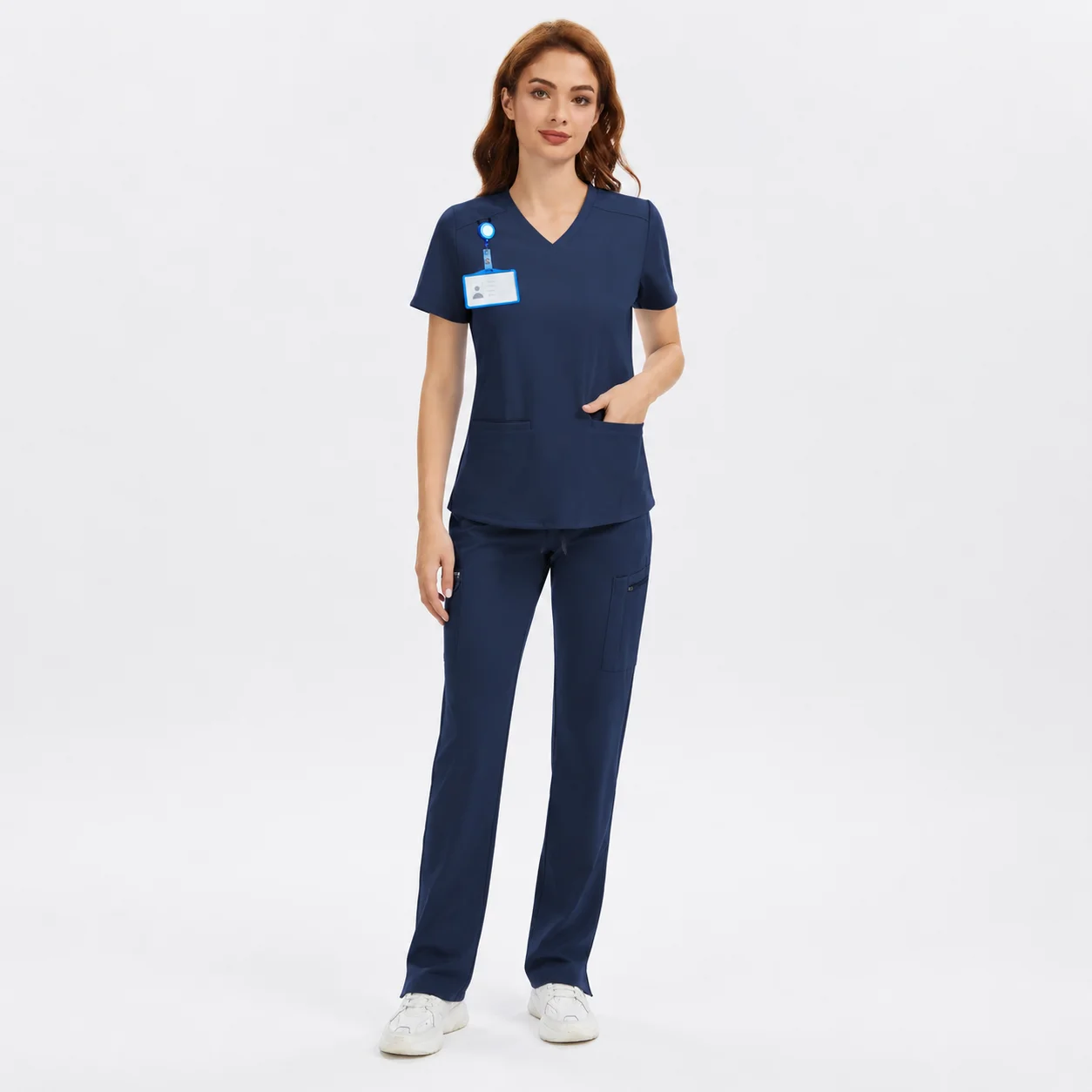 Women's 4-Way Stretch V-Neck Scrub Top & High-Rise Yoga Scrub Pants Set