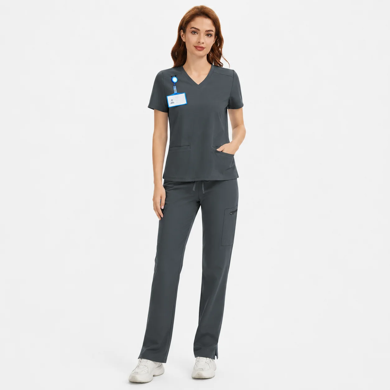 Women's 4-Way Stretch V-Neck Scrub Top & High-Rise Yoga Scrub Pants Set