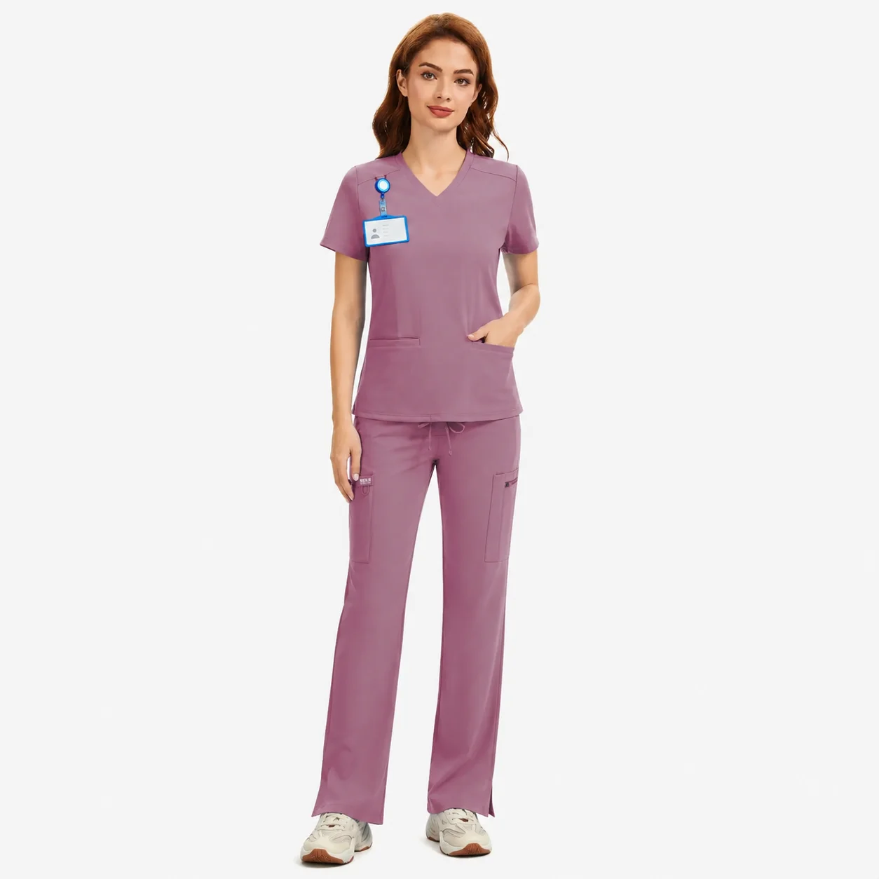 Women's 4-Way Stretch V-Neck Scrub Top & High-Rise Yoga Scrub Pants Set