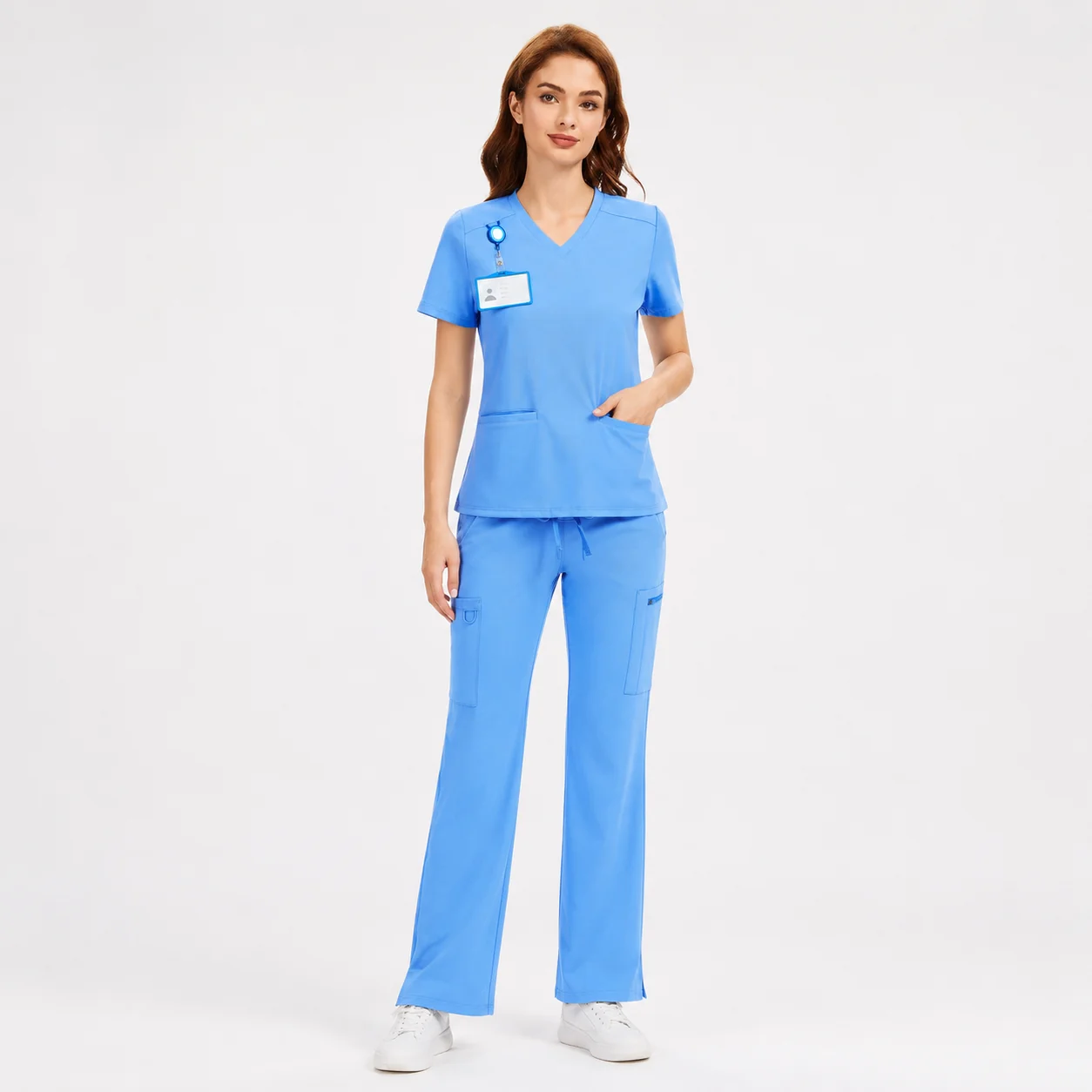 Women's 4-Way Stretch V-Neck Scrub Top & High-Rise Yoga Scrub Pants Set