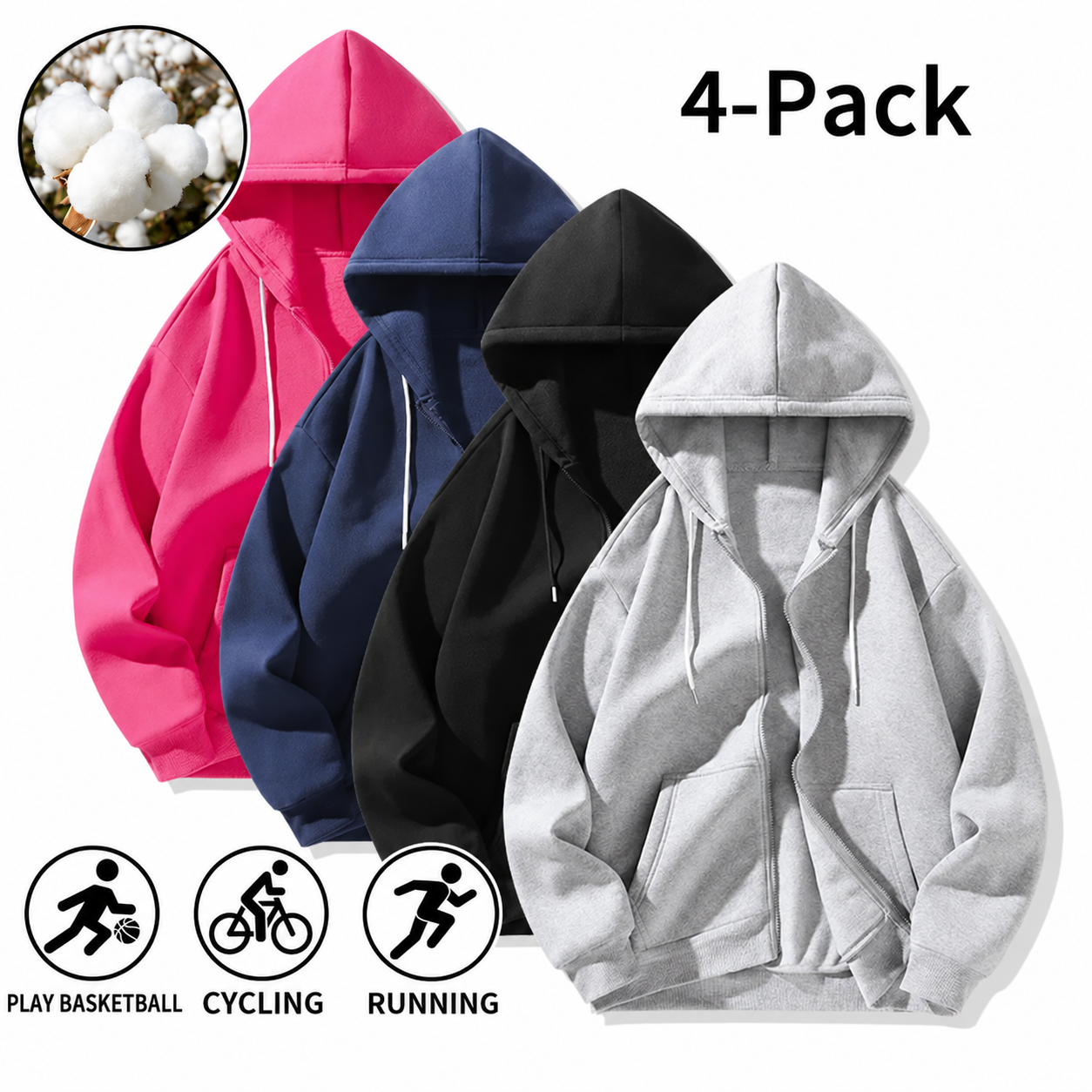 Men's 100% Cotton Full-Zip Loose Fit Athletic Hoodie for Fall & Winter