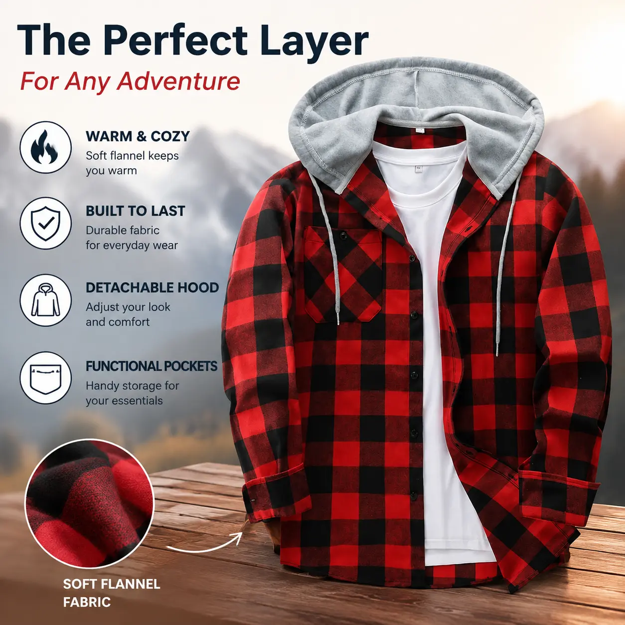Men's Plaid Hooded Drawstring Jacket with Pockets