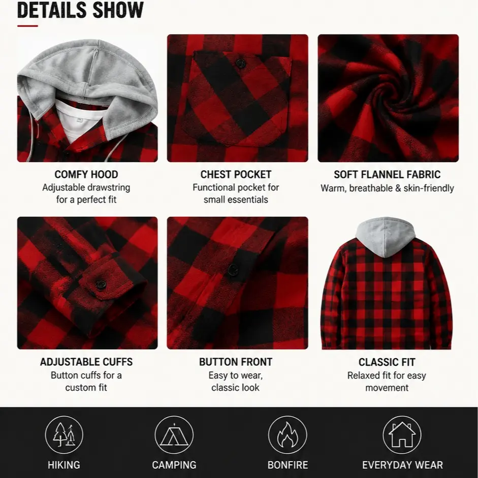 Men's Plaid Hooded Drawstring Jacket with Pockets