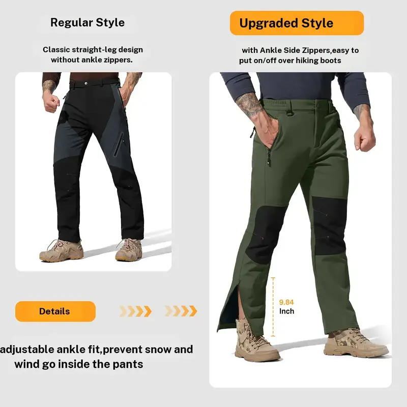 Men's Waterproof Insulated Thermal Softshell Hiking Pants with Zipper Pockets