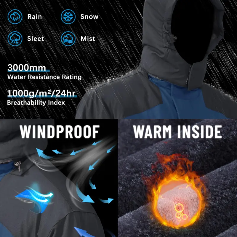 Men's Waterproof Wind-Resistant Fleece-Lined Ski & Hiking Jacket with Detachable Hood & Multi-Pockets