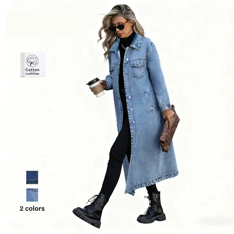 Women's Long Denim Trench Coat - Elegant Casual Outerwear