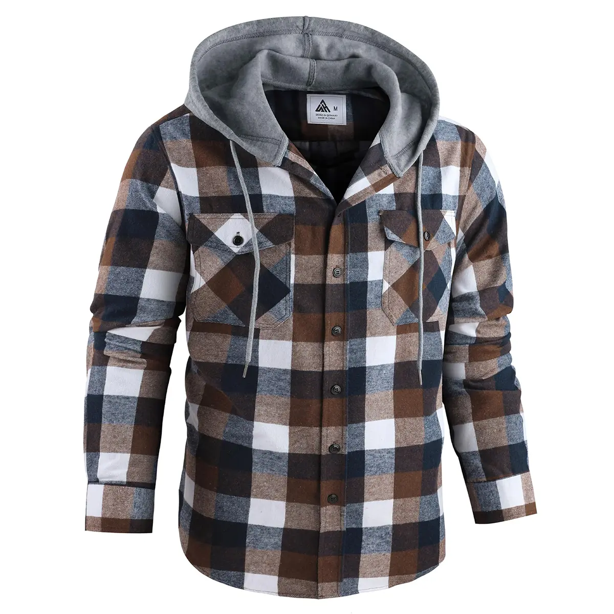 Men's Flannel Plaid Hooded Drawstring Jacket with Pockets