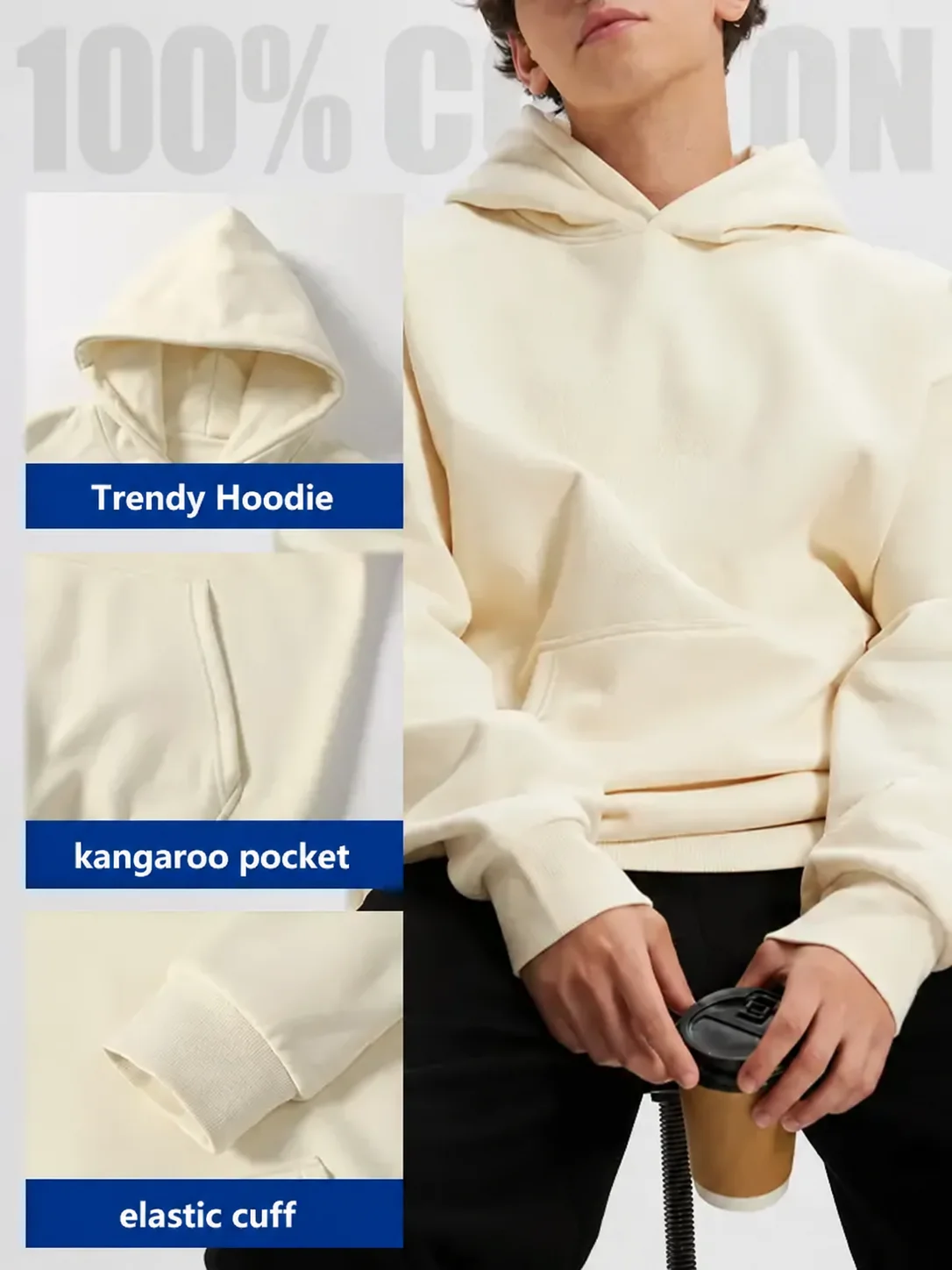 Men's 100% Cotton Vintage Loose Fit Pullover Hoodie