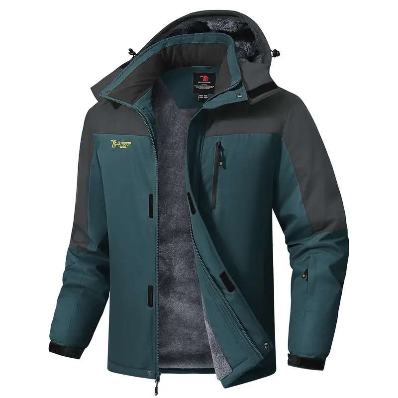 Men's Waterproof Windproof Fleece-Lined Insulated Ski Jacket with Detachable Hood & 5 Pockets