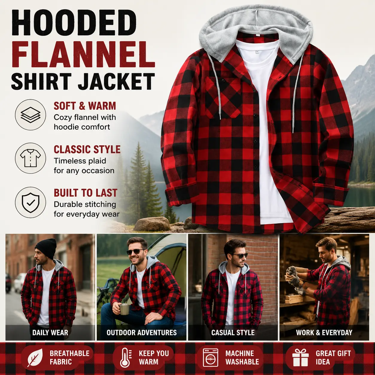Men's Plaid Hooded Drawstring Jacket with Pockets
