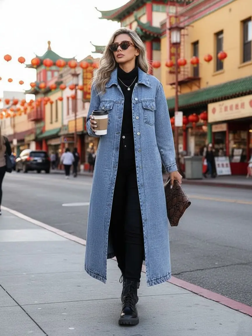Women's Long Denim Trench Coat - Elegant Casual Outerwear