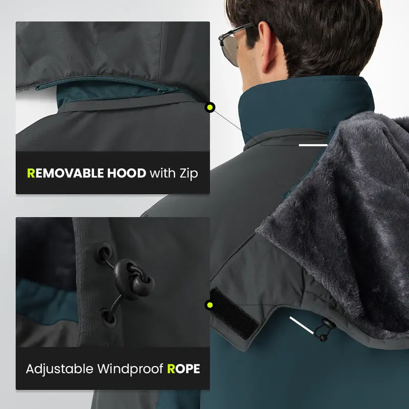 Men's Waterproof Windproof Fleece-Lined Insulated Ski Jacket with Detachable Hood & 5 Pockets