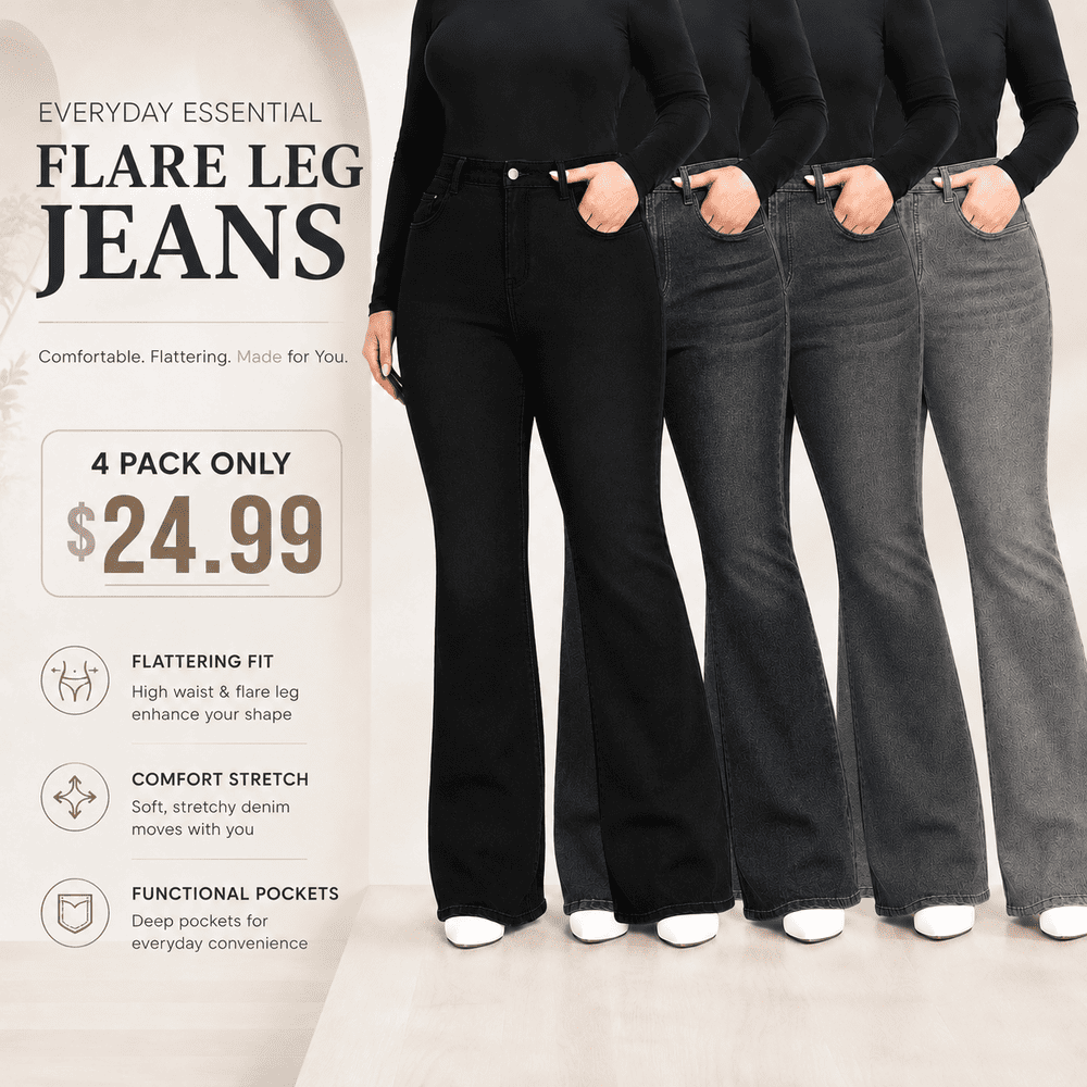 Plus Size Plain Pocket Button Flare Leg Jeans