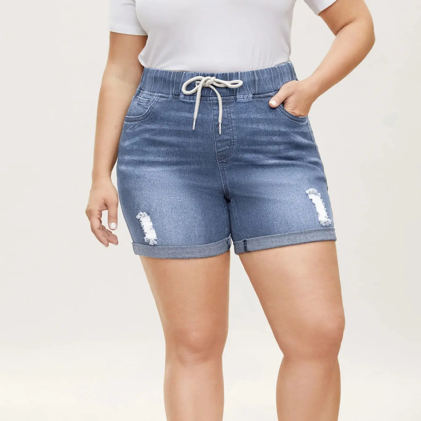 Women's Plussize Pull-On Drawstring Elastic Waist Denim Shorts