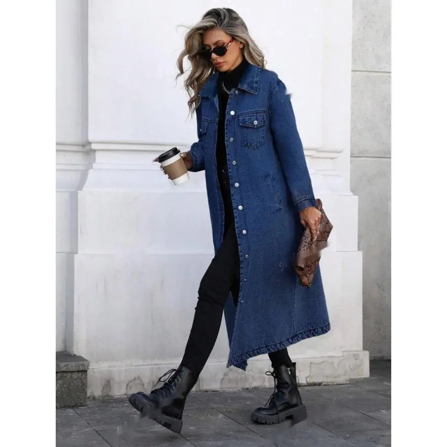 Women's Long Denim Trench Coat - Elegant Casual Outerwear