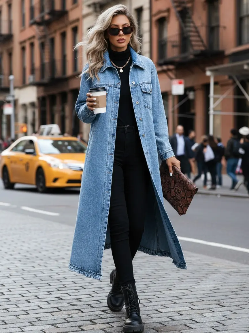 Women's Long Denim Trench Coat - Elegant Casual Outerwear