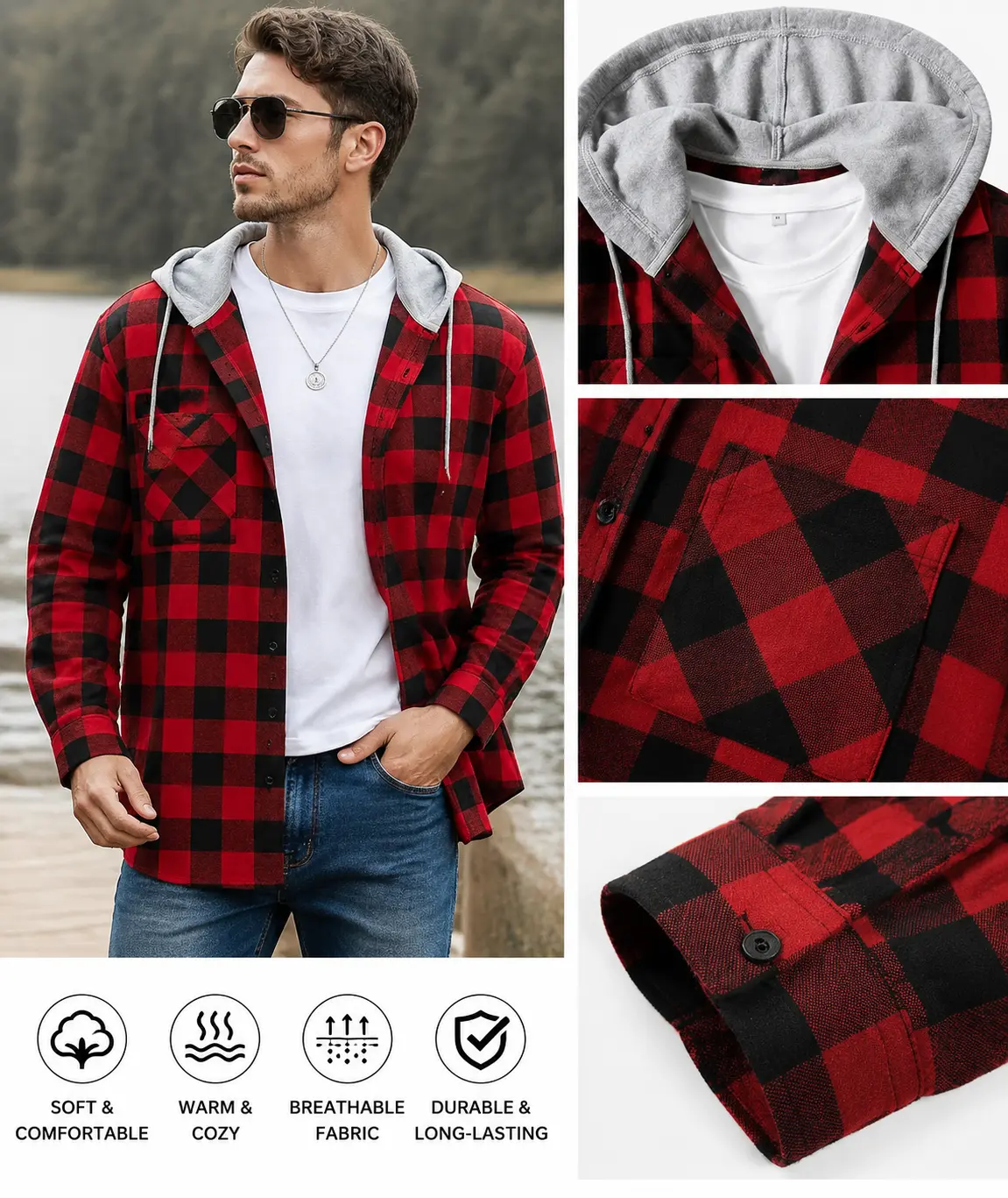 Men's Plaid Hooded Drawstring Jacket with Pockets