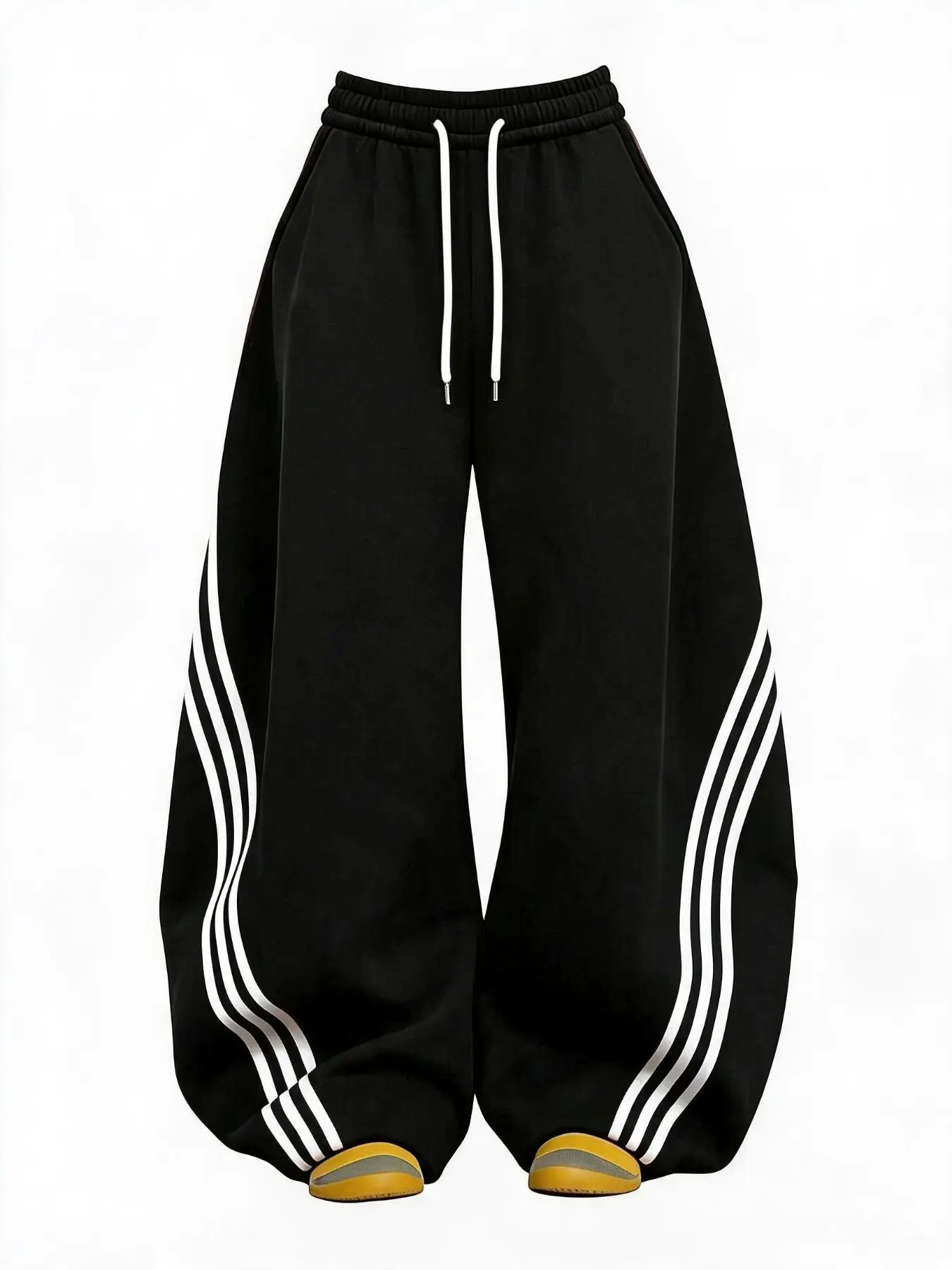 Women's 100% Cotton Retro Three-Stripe Colorblock Wide-Leg Pants with Waist Tie