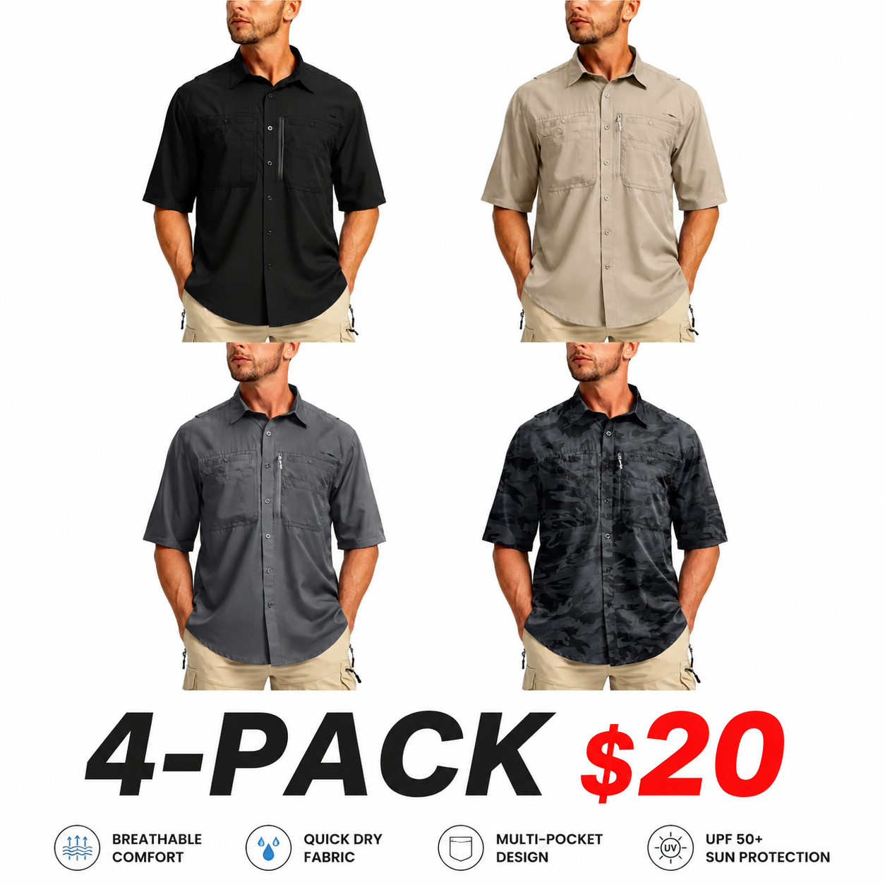Men's UPF 50+ OutdoorFishing Shirt -Lightweight Quick DryShort Sleeve Button Down