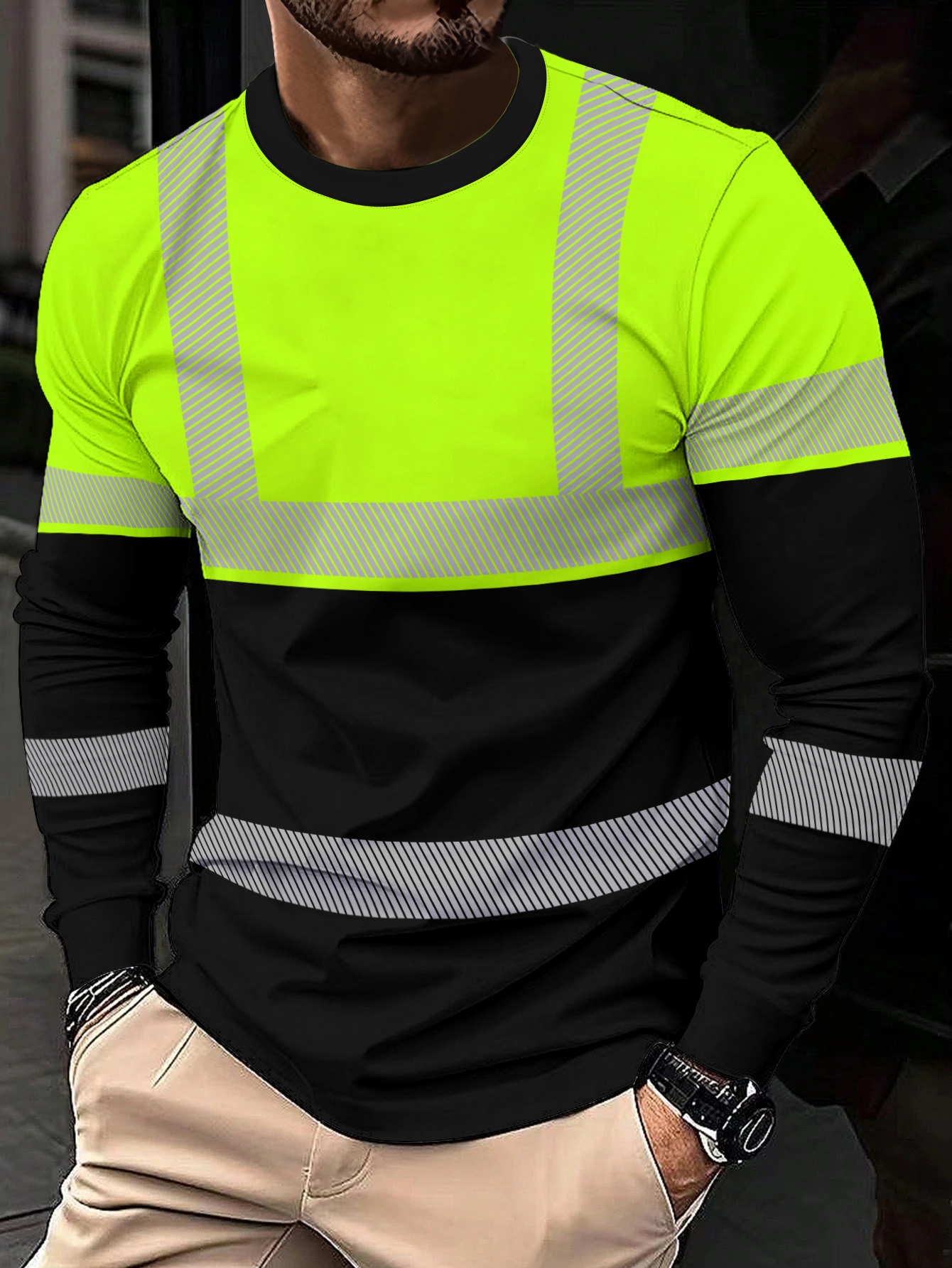 Men's Colorblock Reflective Stripe Long Sleeve Work Shirt