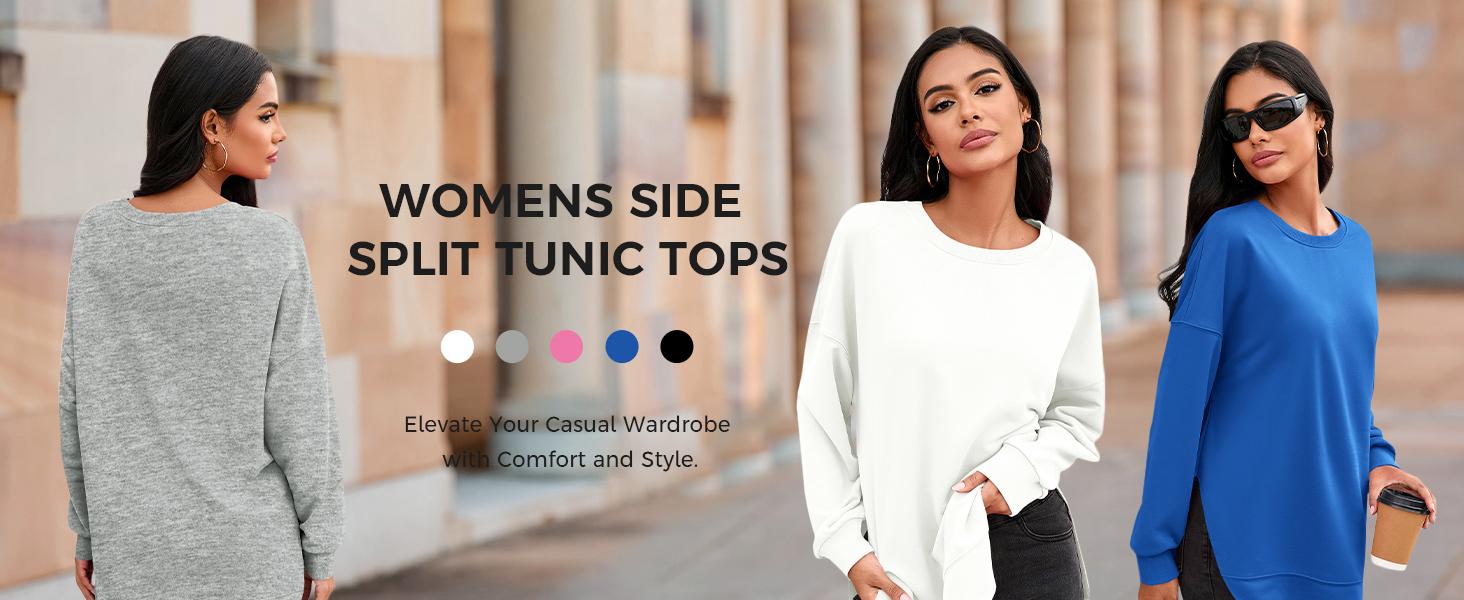 Fisoew Women's Soft Comfortable Aesthetic Sweatshirt - Long Sleeve Round Neck Pullover, High-Low Curved Hem with Side Slits, Oversized Basic Minimalist Tunic Top for Leggings, Casual Layering Outfits, Sporty Chic Athleisure