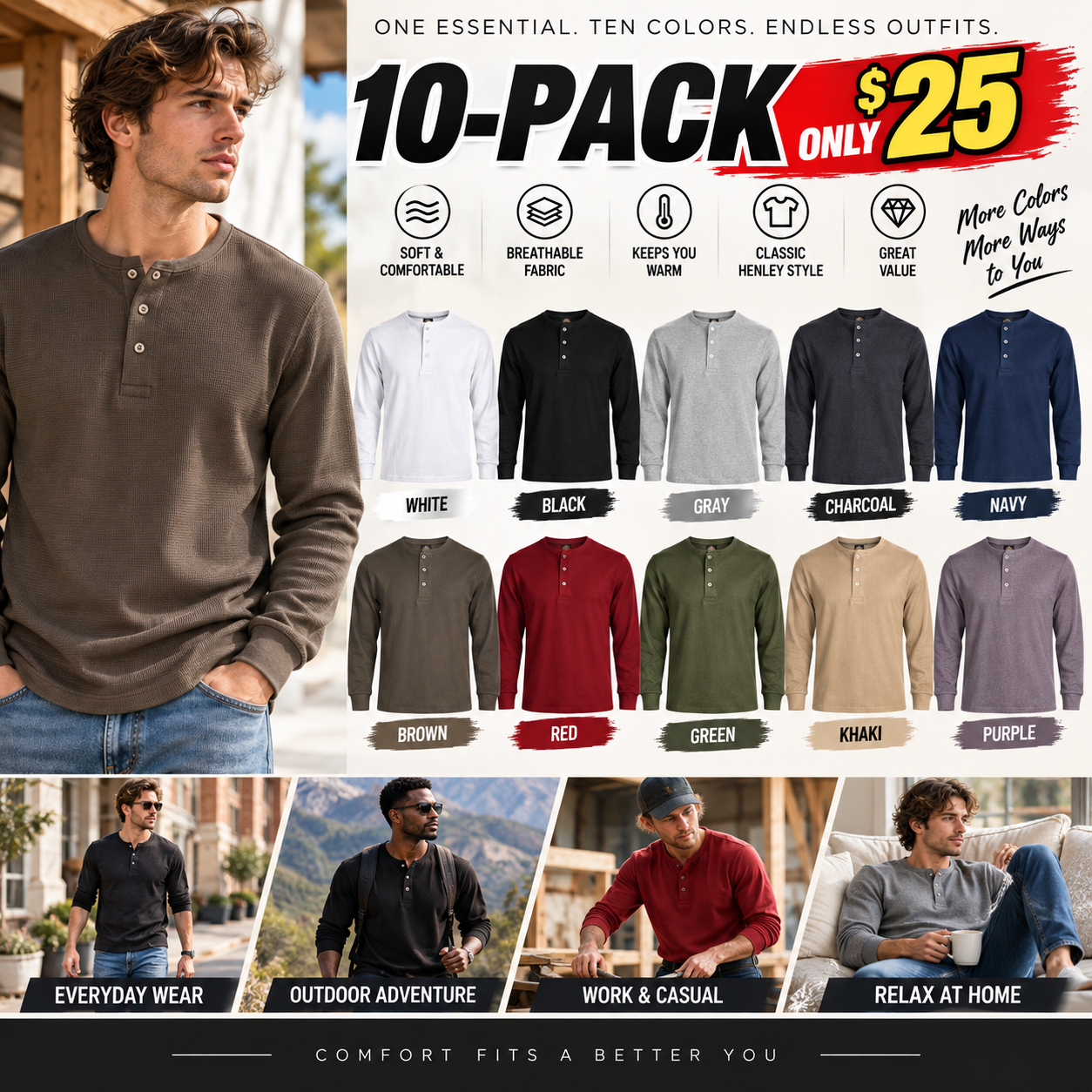 Men's Cotton Waffle-Knit Henley Thermal Shirt