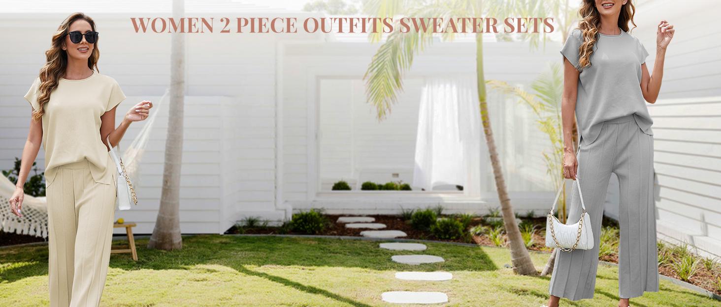 Ommig Lounge Sets for Women Two Piece Outfits Knit Cap Sleeve Tops Wide Leg Pleated Pants Casual Dressy Sweater Sets,summerwins