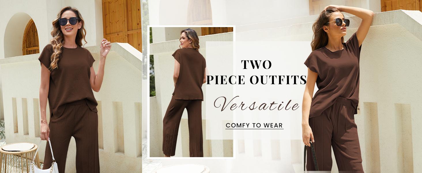 Ommig Lounge Sets for Women Two Piece Outfits Knit Cap Sleeve Tops Wide Leg Pleated Pants Casual Dressy Sweater Sets,summerwins
