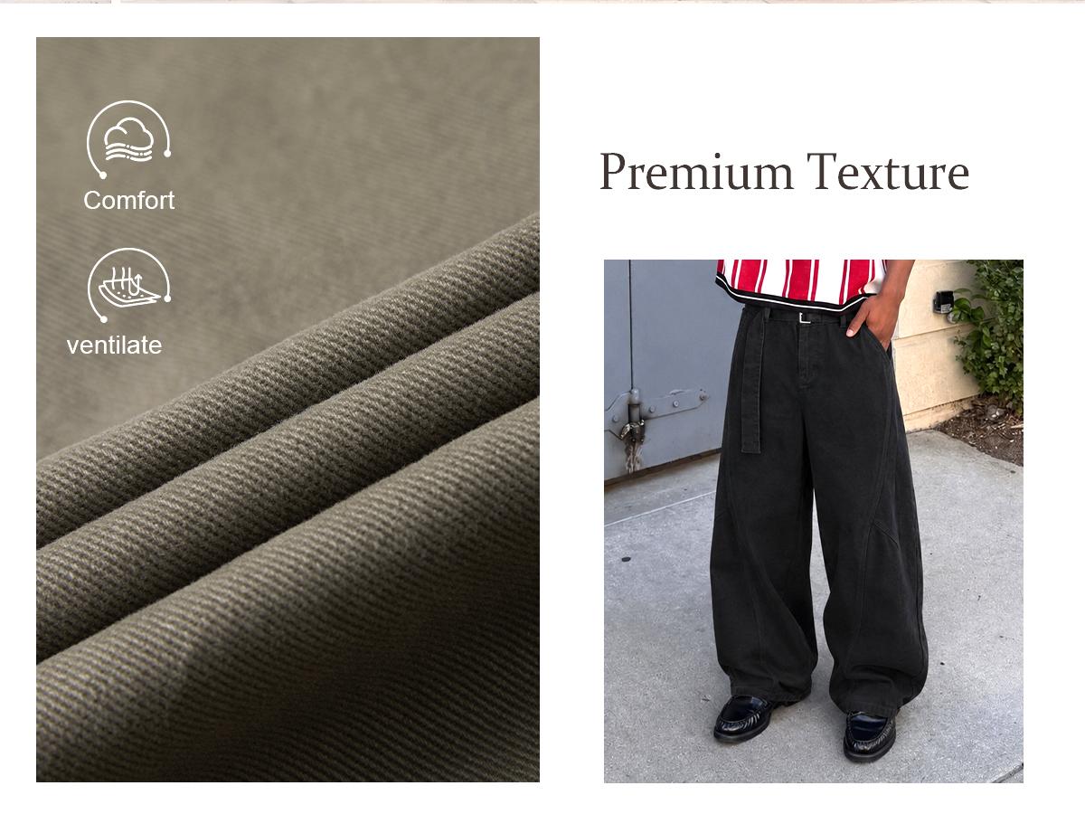 Men&rsquo;s Vintage 100% Cotton Wide-Leg Pants, Relaxed Baggy Fit with Curved Seam Detail and Adjustable Belt, Retro Streetwear Trousers