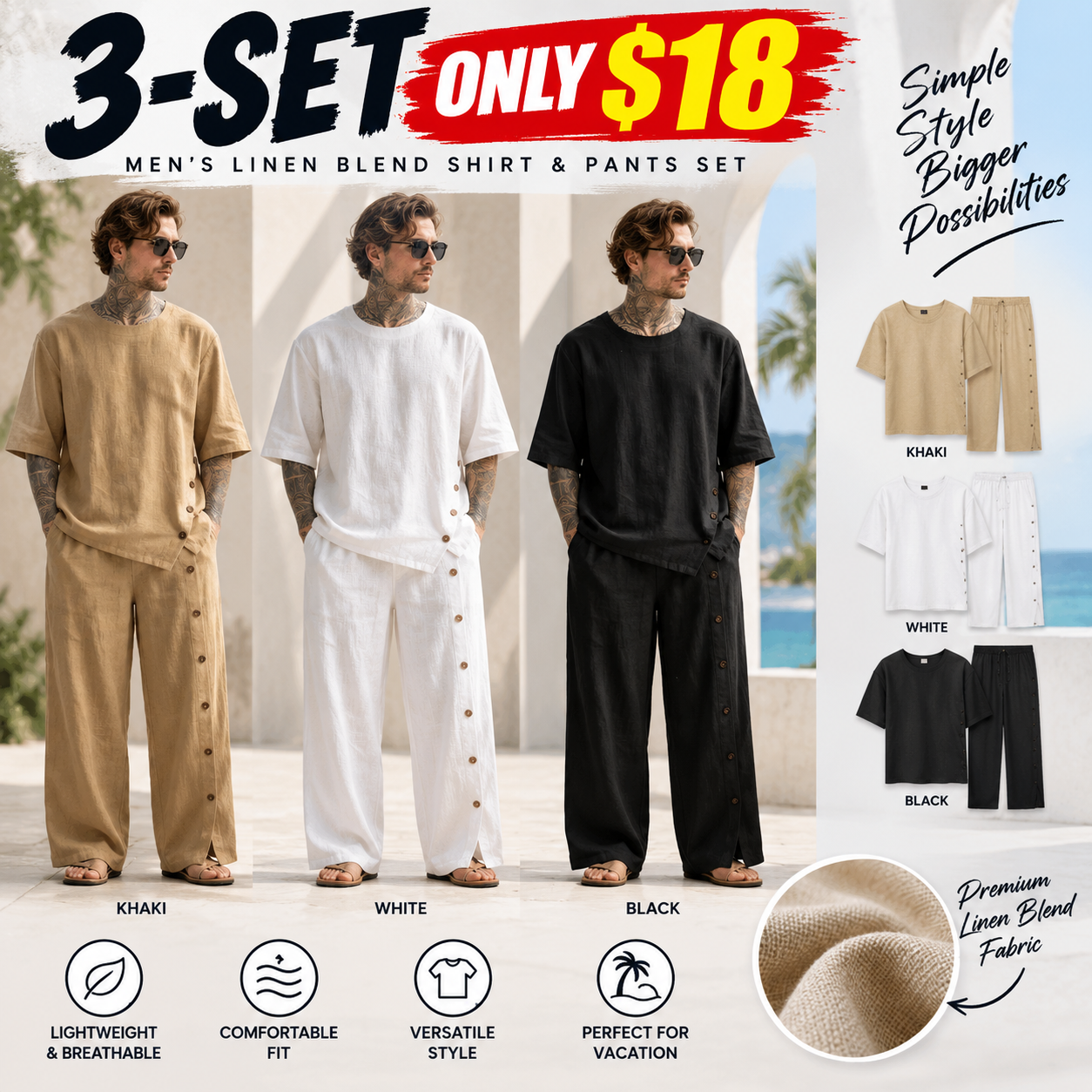 Men's Linen-Blend Short Sleeve Shirt & Pants Set