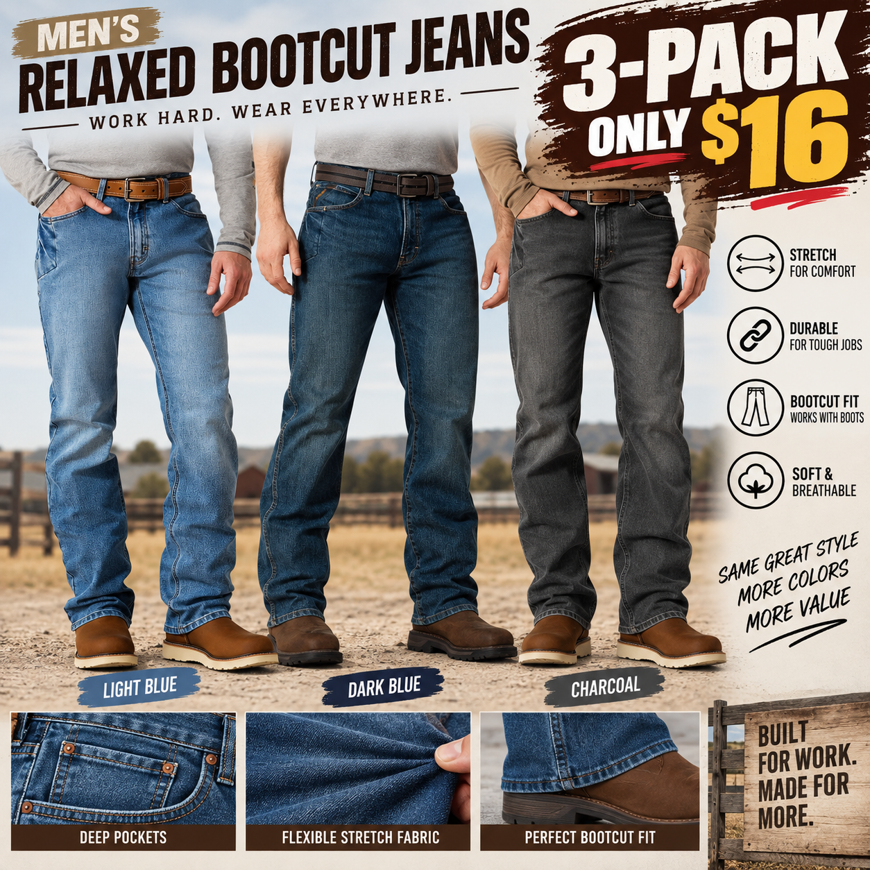 Men's Relaxed Stretch Bootcut Work Jeans