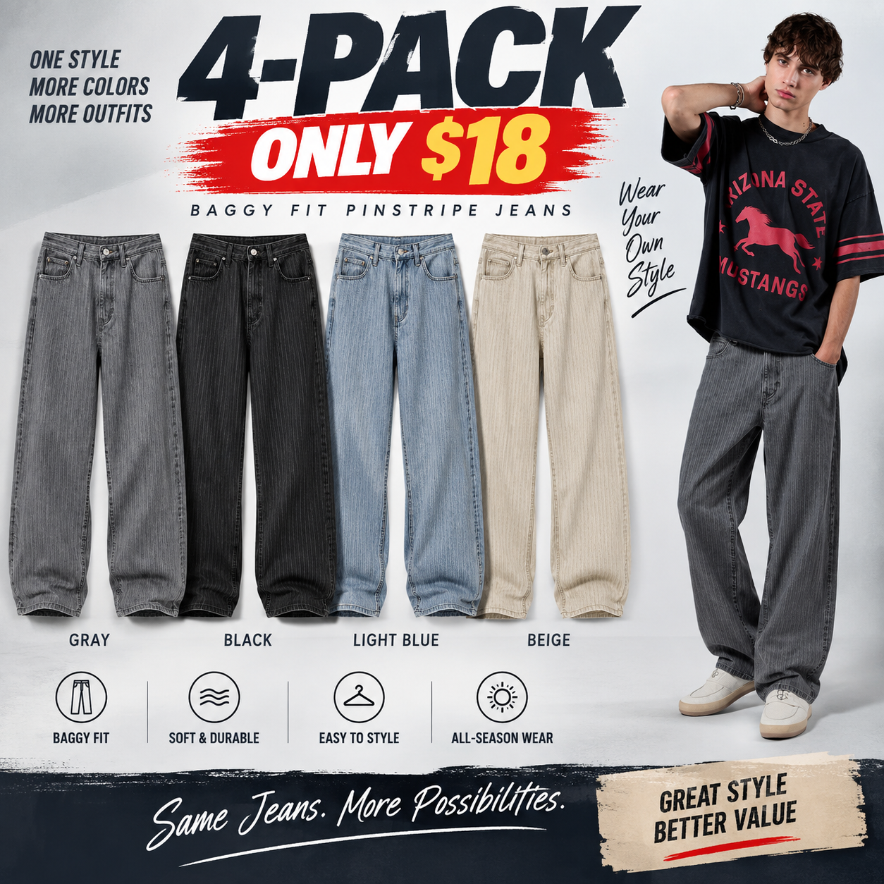 Men's Gray Pinstripe Baggy Wide-Leg Jeans