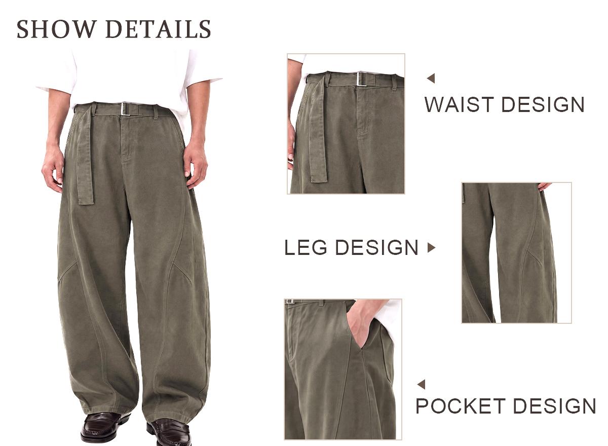 Men&rsquo;s Vintage 100% Cotton Wide-Leg Pants, Relaxed Baggy Fit with Curved Seam Detail and Adjustable Belt, Retro Streetwear Trousers
