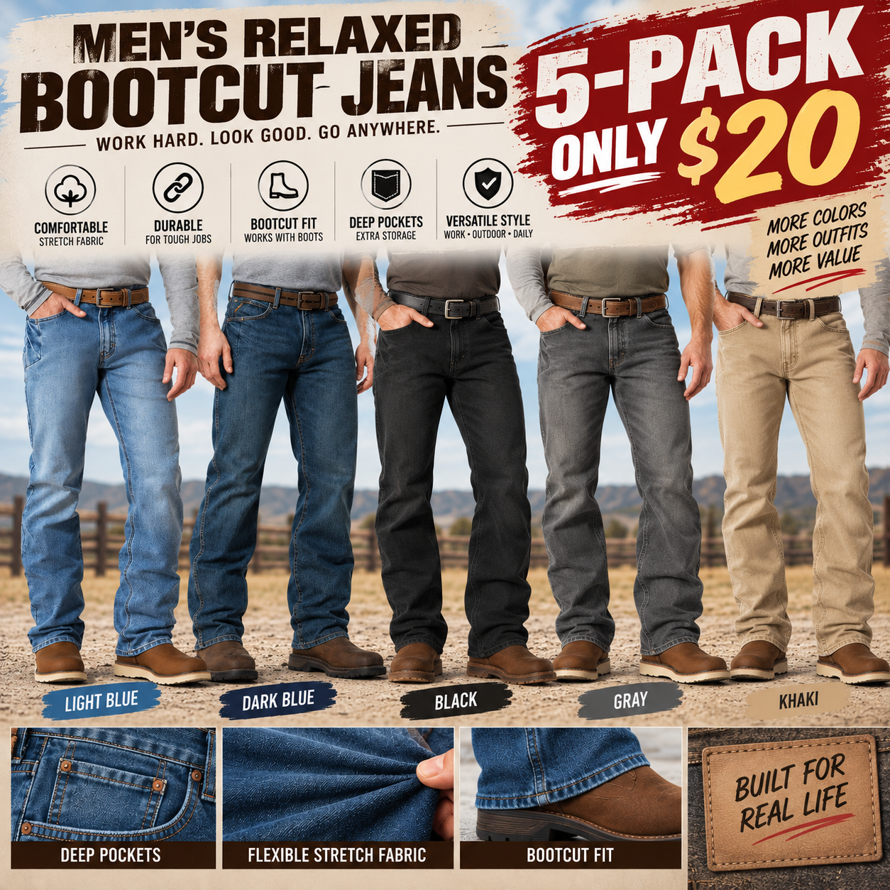 Men's Relaxed Stretch Bootcut Work Jeans