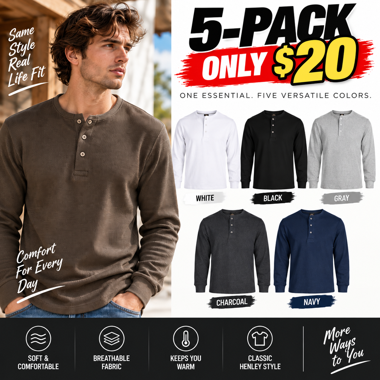 Men's Cotton Waffle-Knit Henley Thermal Shirt