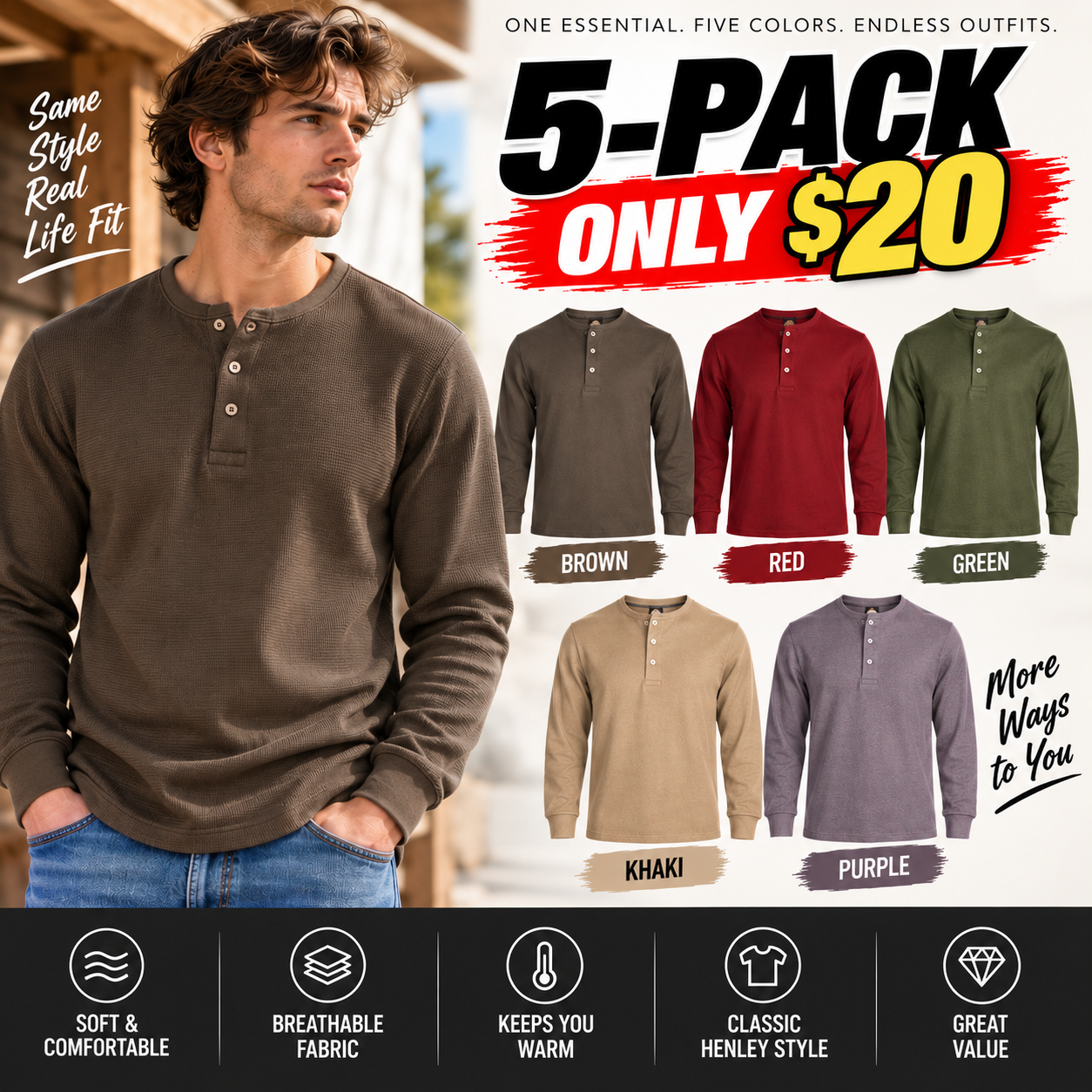 Men's Cotton Waffle-Knit Henley Thermal Shirt