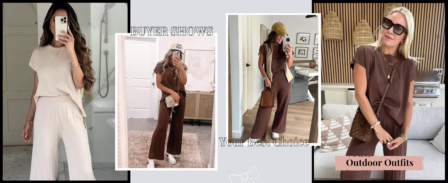 Ommig Lounge Sets for Women Two Piece Outfits Knit Cap Sleeve Tops Wide Leg Pleated Pants Casual Dressy Sweater Sets,summerwins