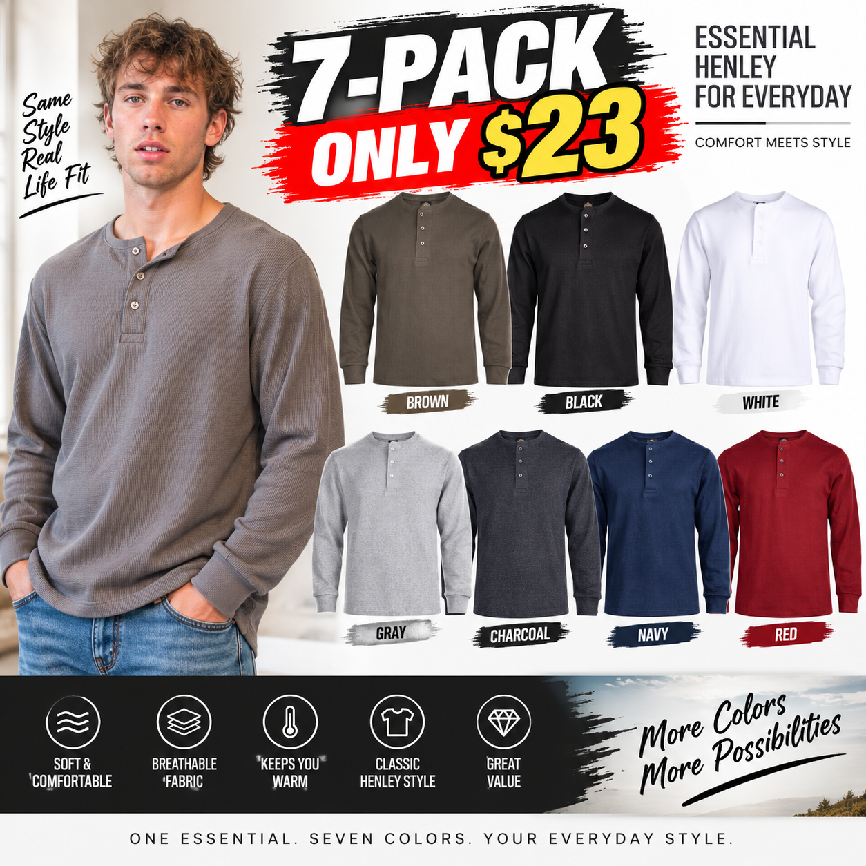 Men's Cotton Waffle-Knit Henley Thermal Shirt