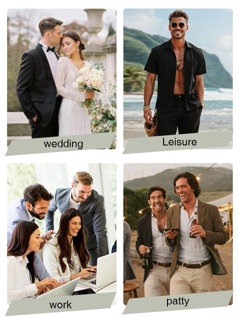 Alimen Mens Linen Shirts Short Sleeve Dress Shirts for Men Lightweight Breathable Linen Fabric Comfortable, Beach Vacation Summer Party Wedding Casual Button Down Shirts Spread Collar Linen Shirts for Men