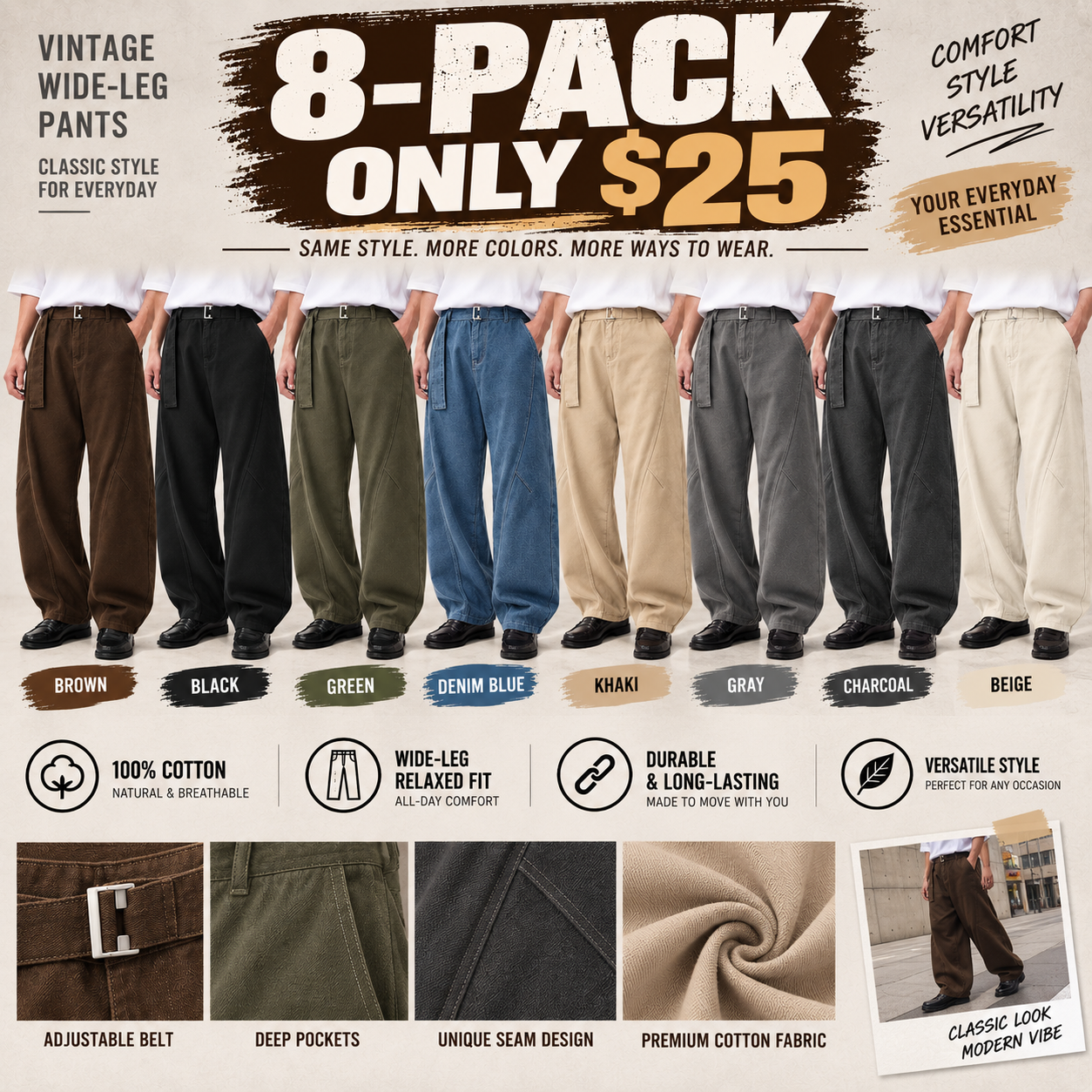 Men's Vintage Cotton Wide-Leg Pants