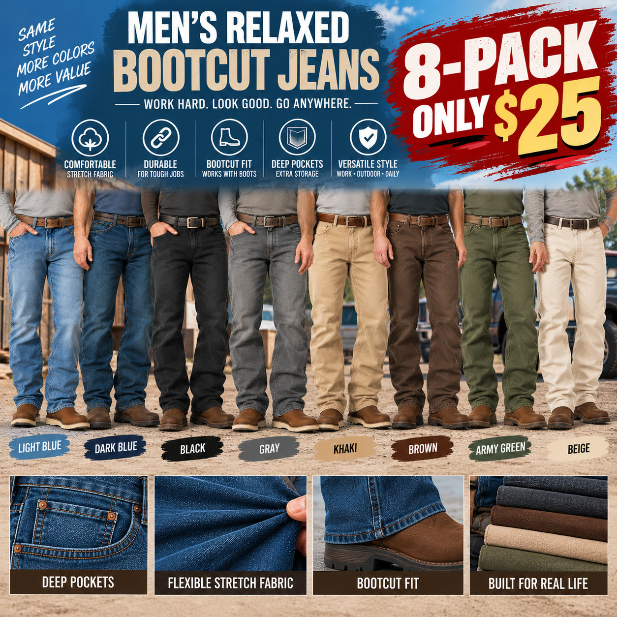 Men's Relaxed Stretch Bootcut Work Jeans