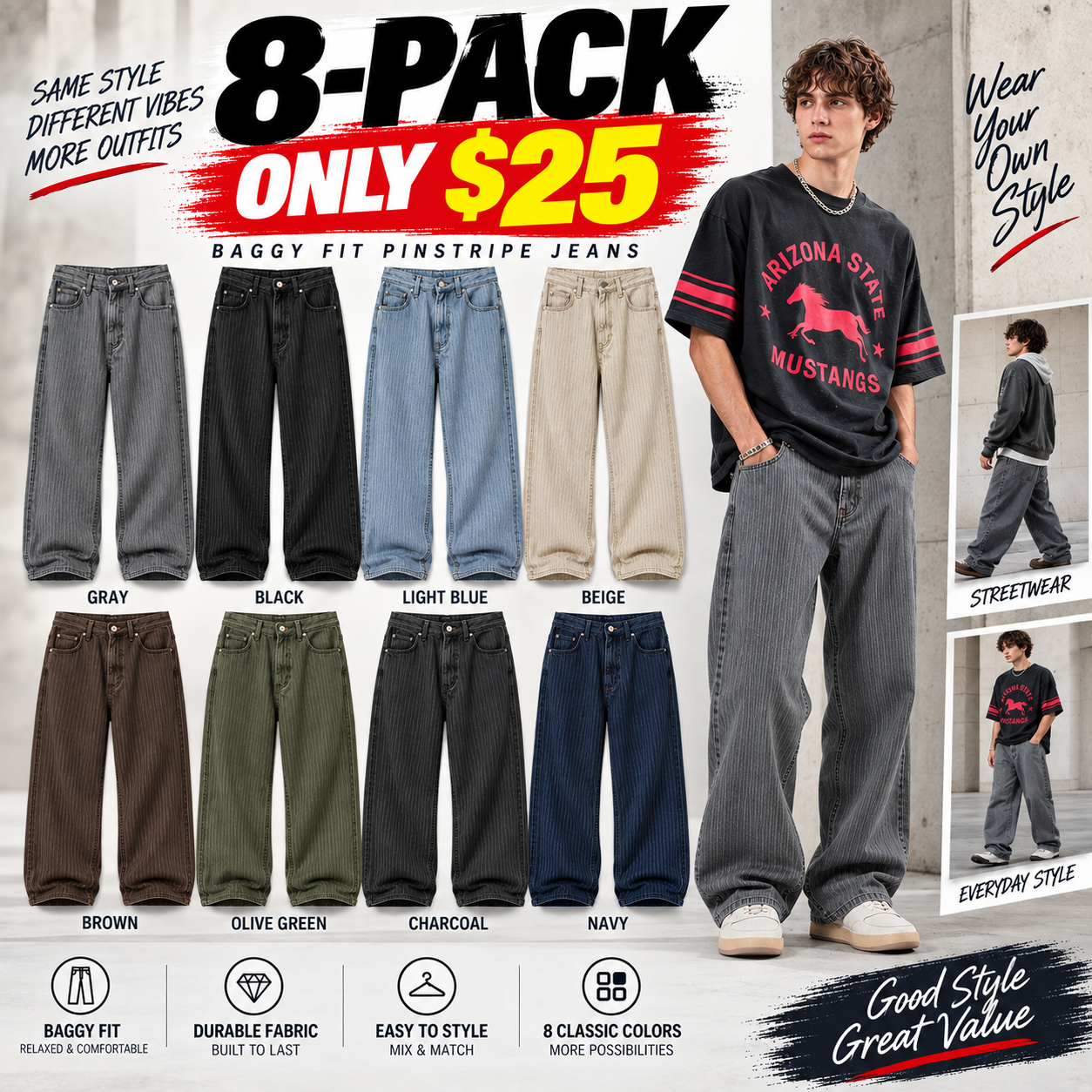 Men's Gray Pinstripe Baggy Wide-Leg Jeans