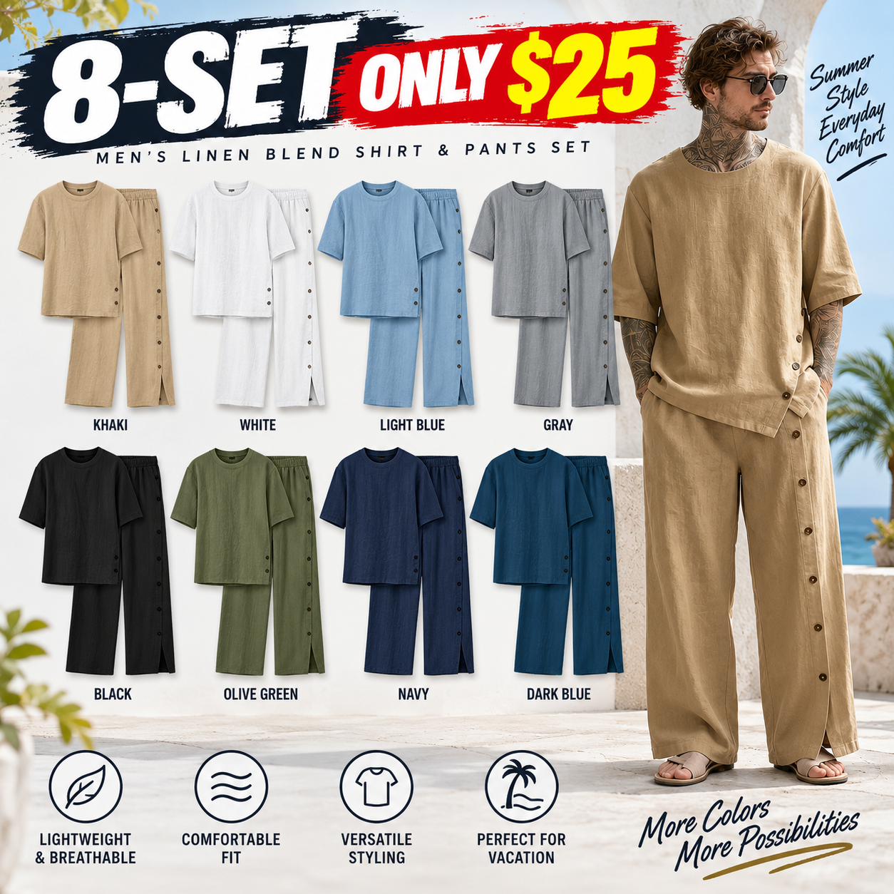 Men's Linen-Blend Short Sleeve Shirt & Pants Set